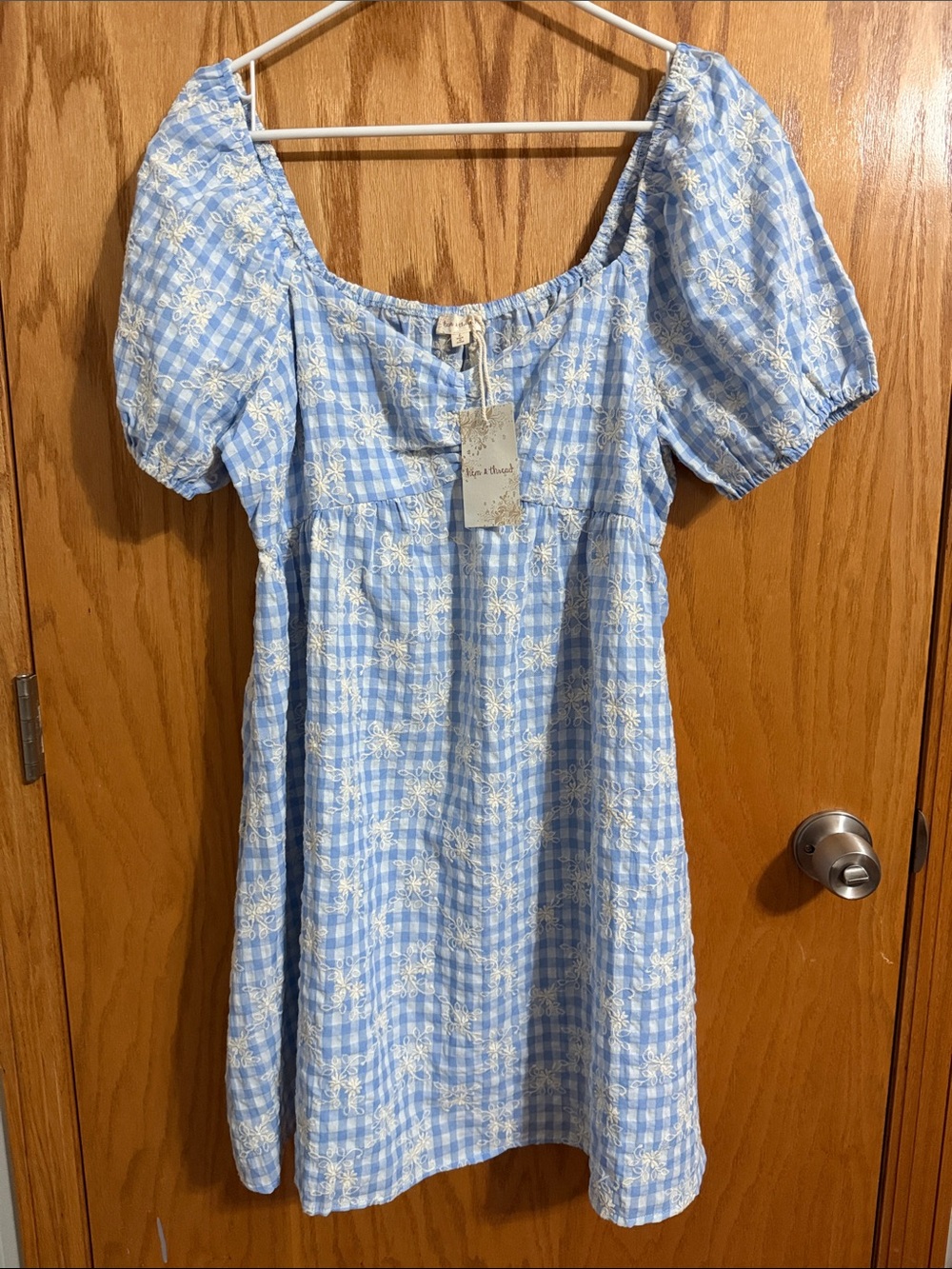 Hem & Thread Blue Gingham Puff Sleeve Mini Dress with White Embroidery